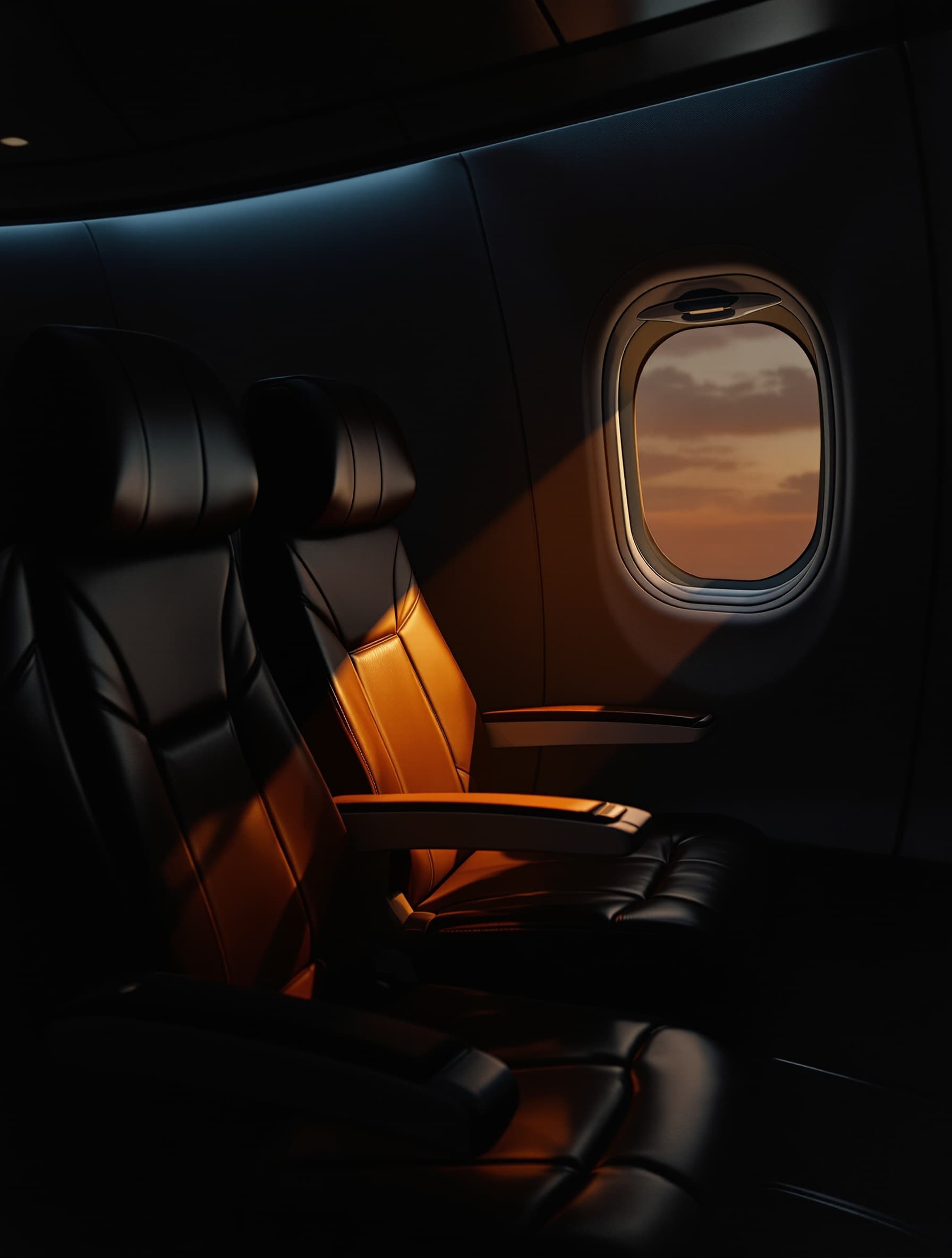 A single empty premium cabin seat lit by warm sunset light through the window